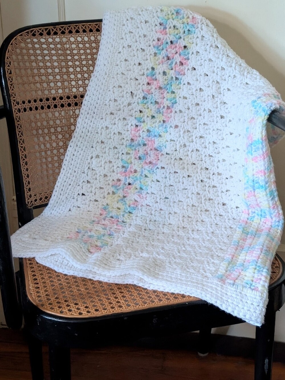 Handmade White Crochet Blanket / Knitted Throw Blanket with Pastel Stripes 36x36
